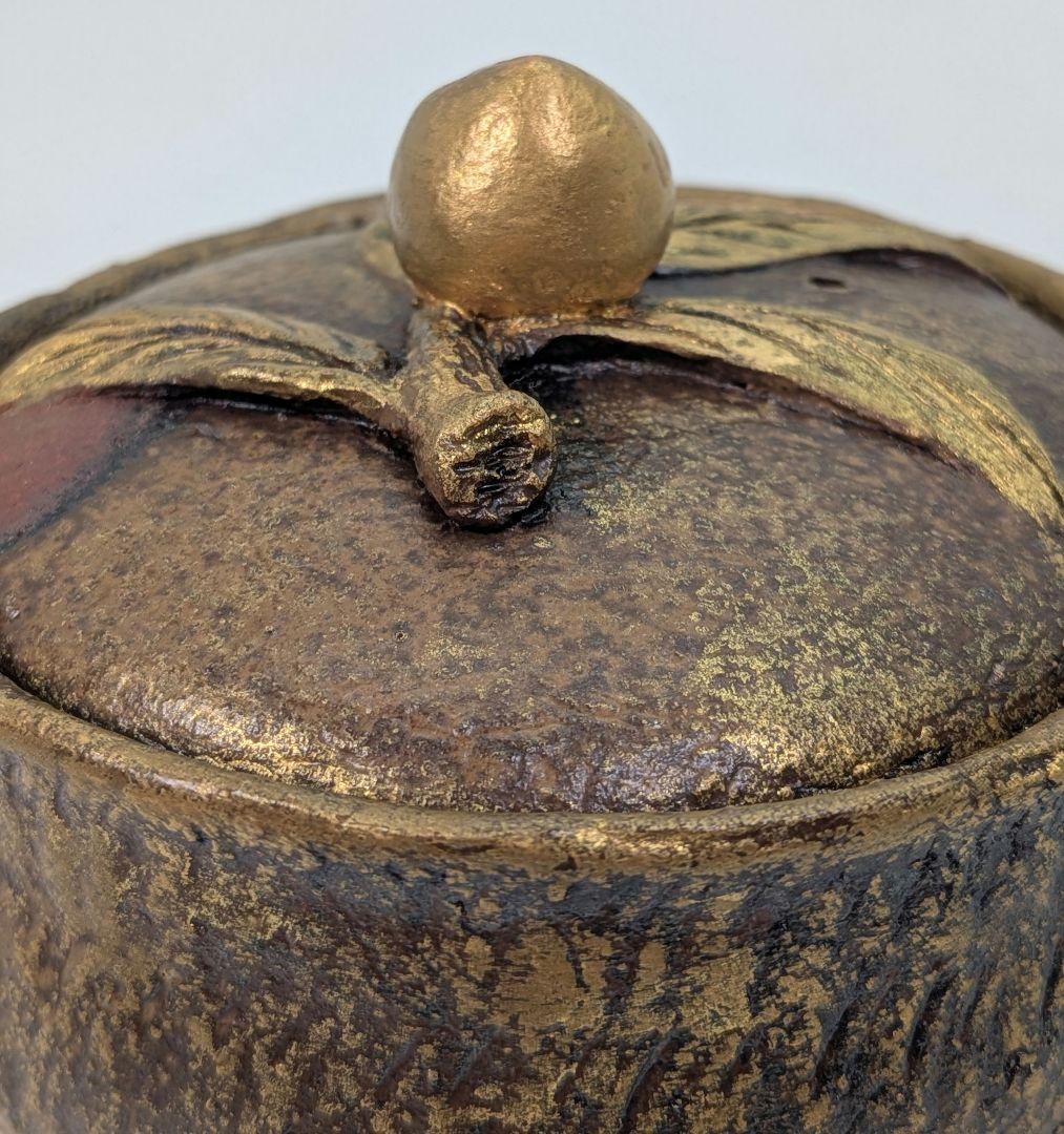 鈴木篤夫 備前焼 金彩備前桃摘宝瓶 四方桟共箱共布栞 手造り宝瓶 煎茶道具 モモ