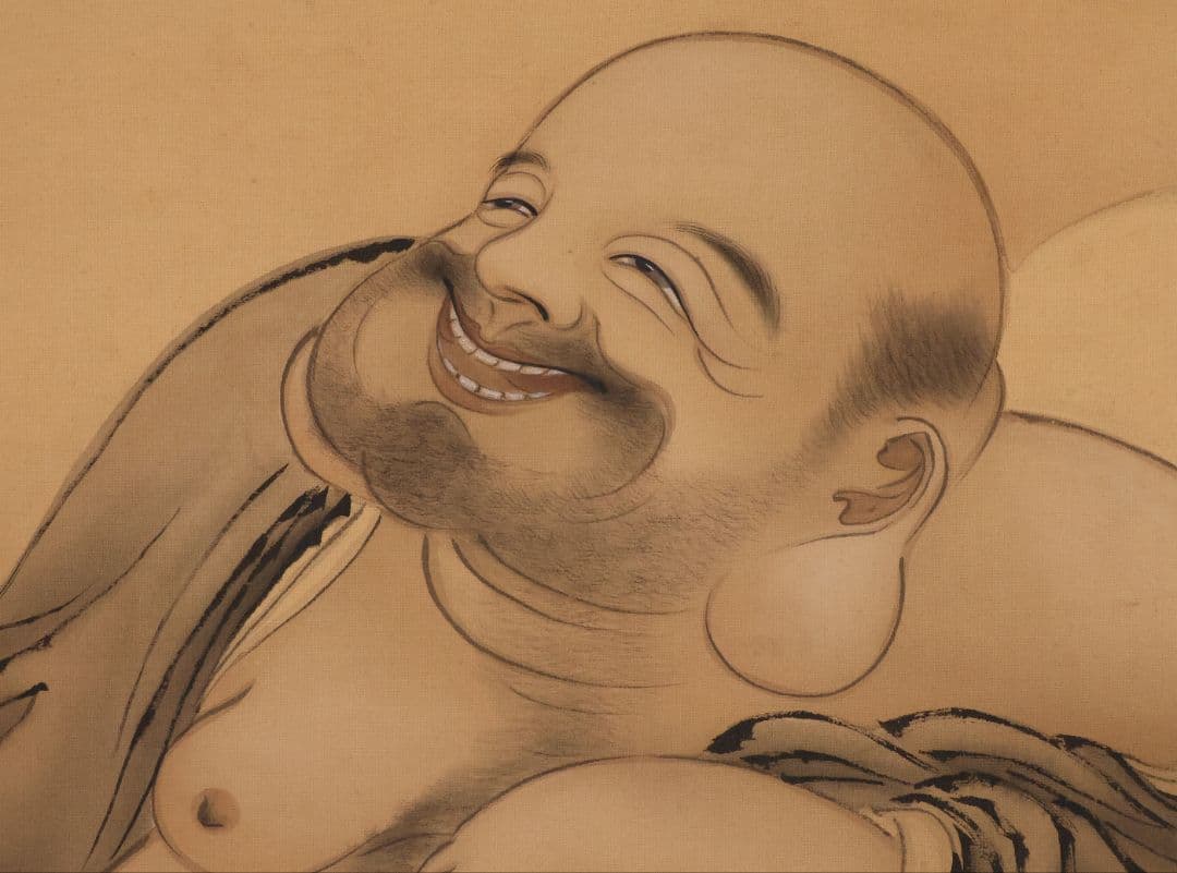 【模写】日本画 杉木月嘯 月見布袋図 絹本 掛軸 MB12