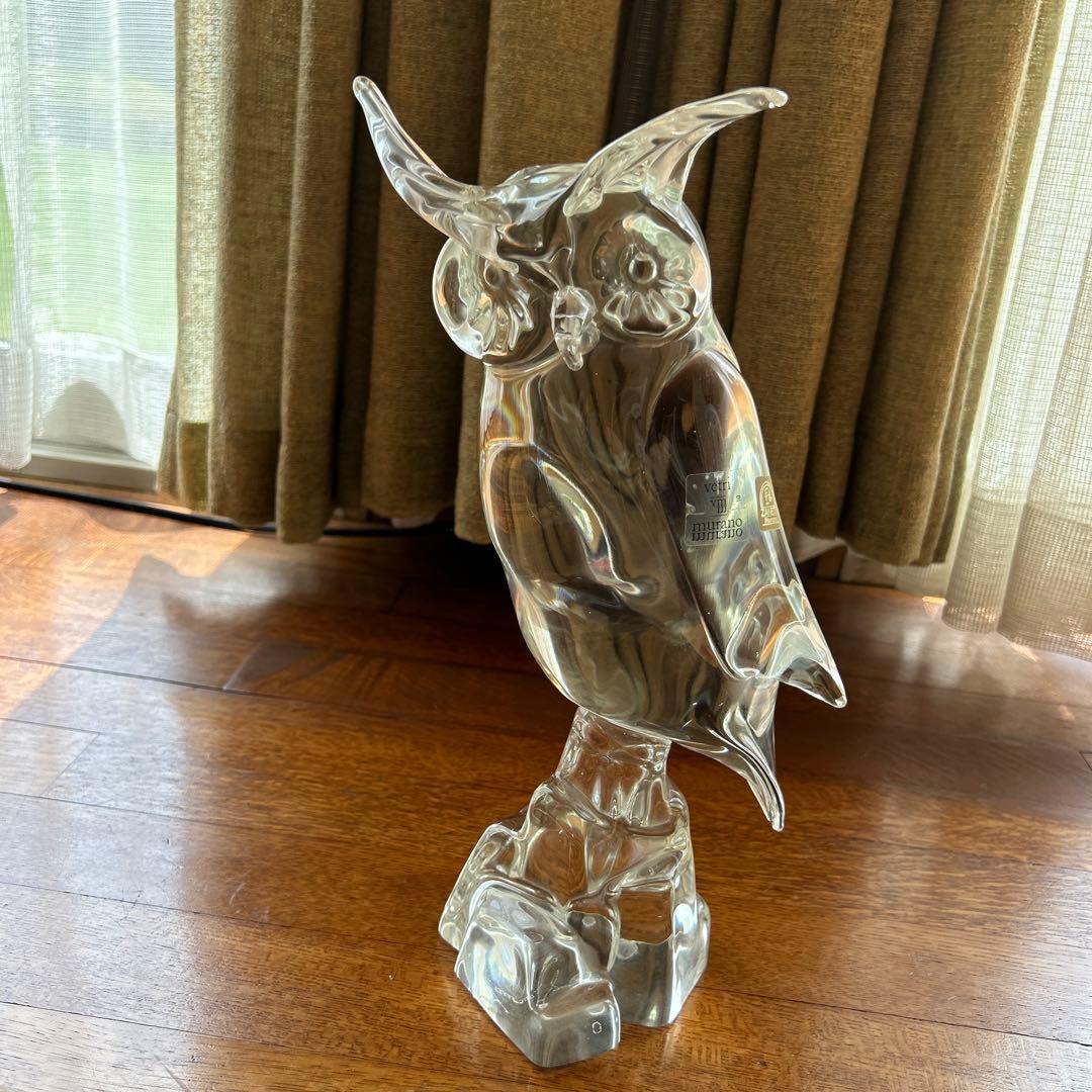 ザネッティ・ムラーノ◆クリスタル　フクロウ彫刻 置き物　ムラーノガラス