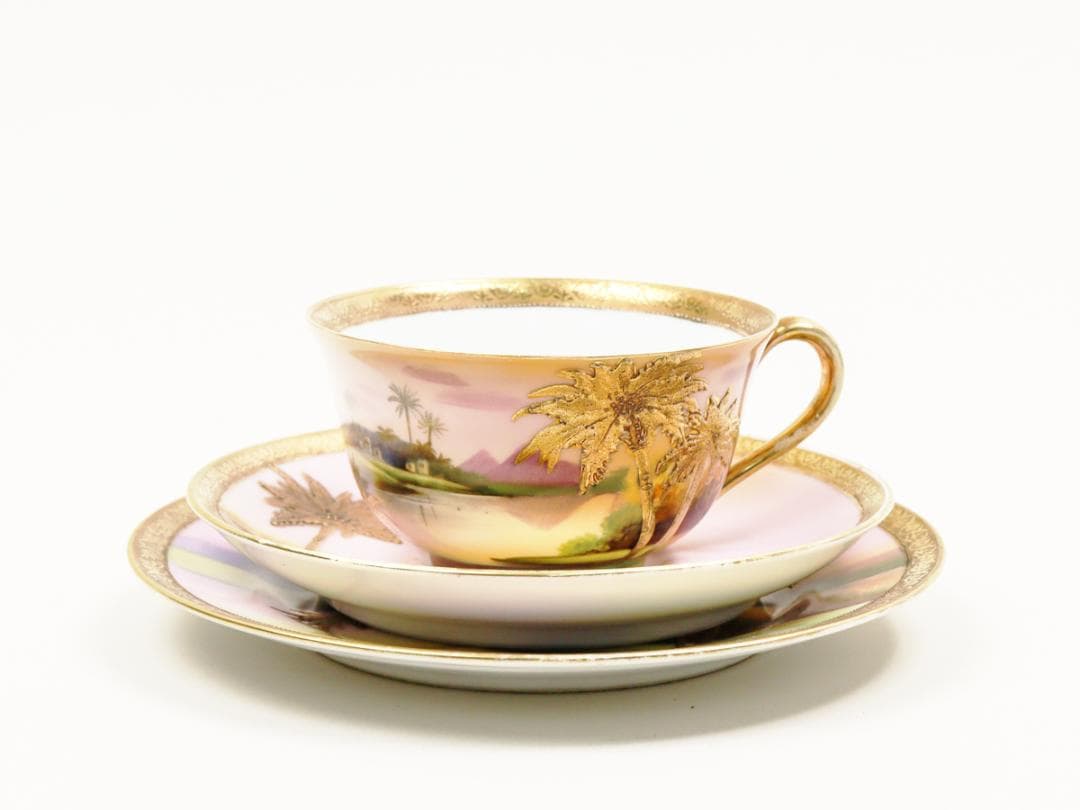 オールドノリタケ 金盛上ヤシの木湖畔 トリオ カップ ソーサー プレート