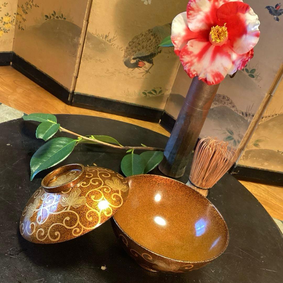 A1033 木製輪島塗　懐石道具　総梨地　松葉唐草　蒔絵　吸物椀　　5客