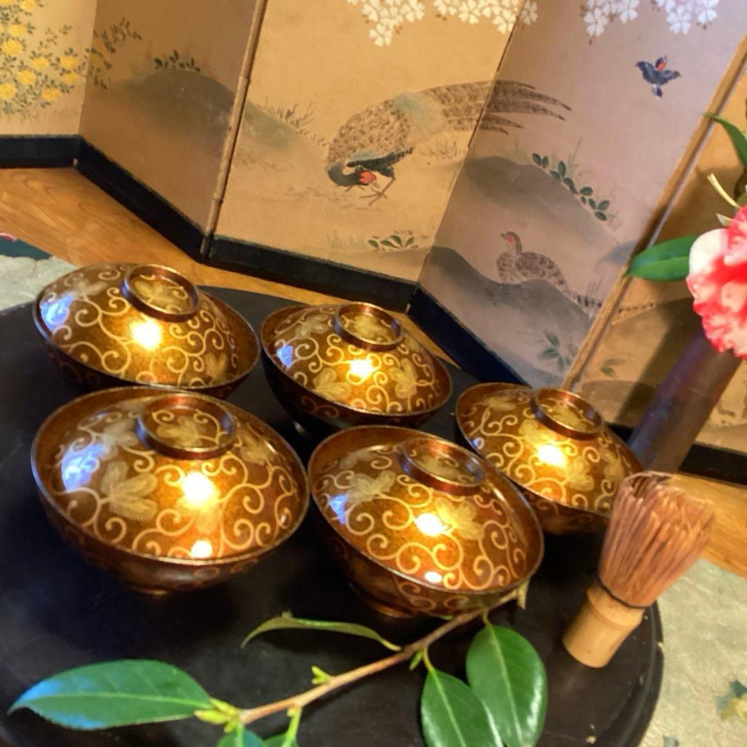 A1033 木製輪島塗　懐石道具　総梨地　松葉唐草　蒔絵　吸物椀　　5客