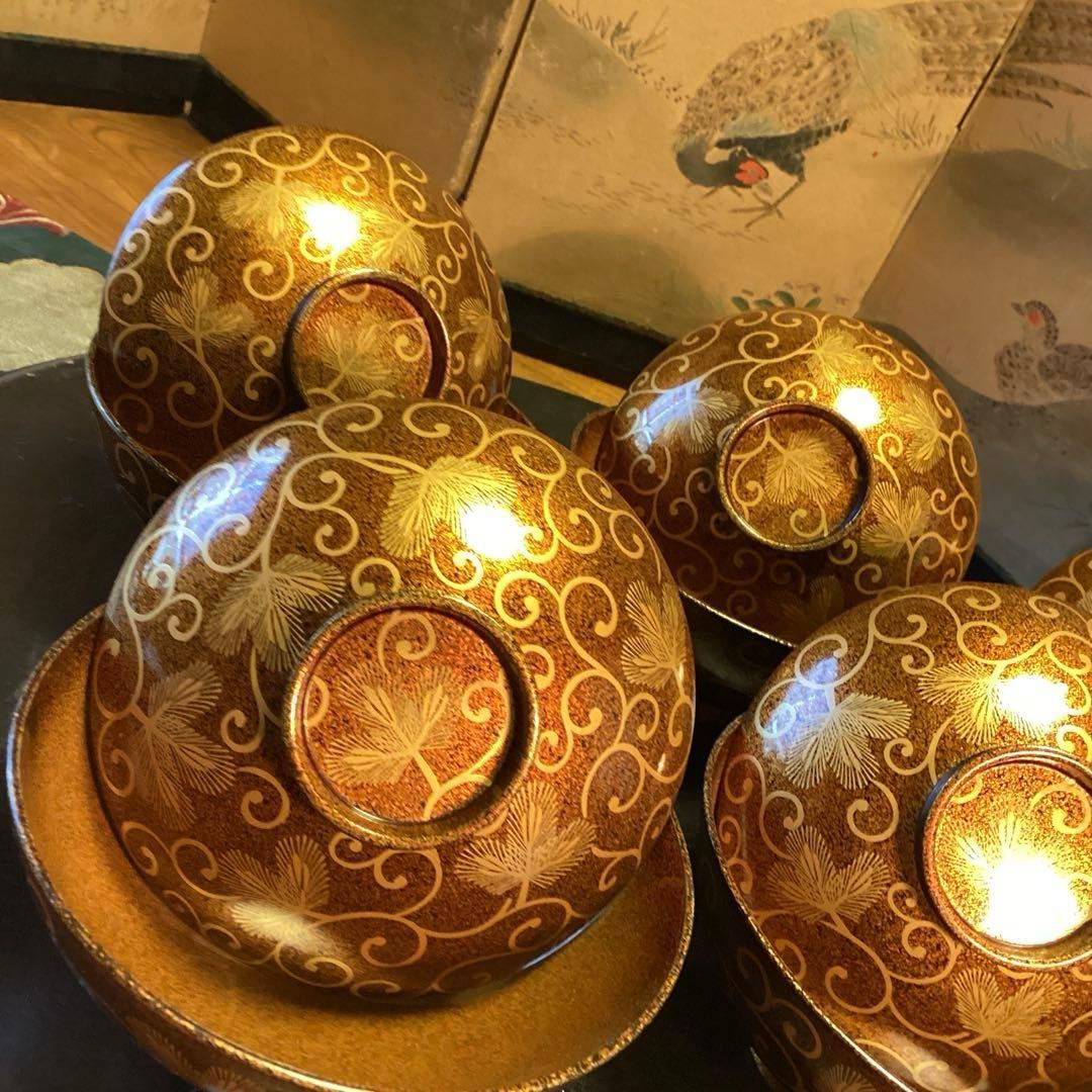 A1033 木製輪島塗　懐石道具　総梨地　松葉唐草　蒔絵　吸物椀　　5客