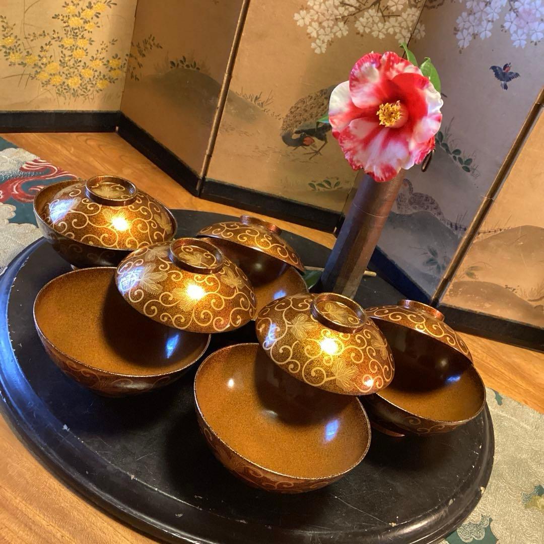 A1033 木製輪島塗　懐石道具　総梨地　松葉唐草　蒔絵　吸物椀　　5客