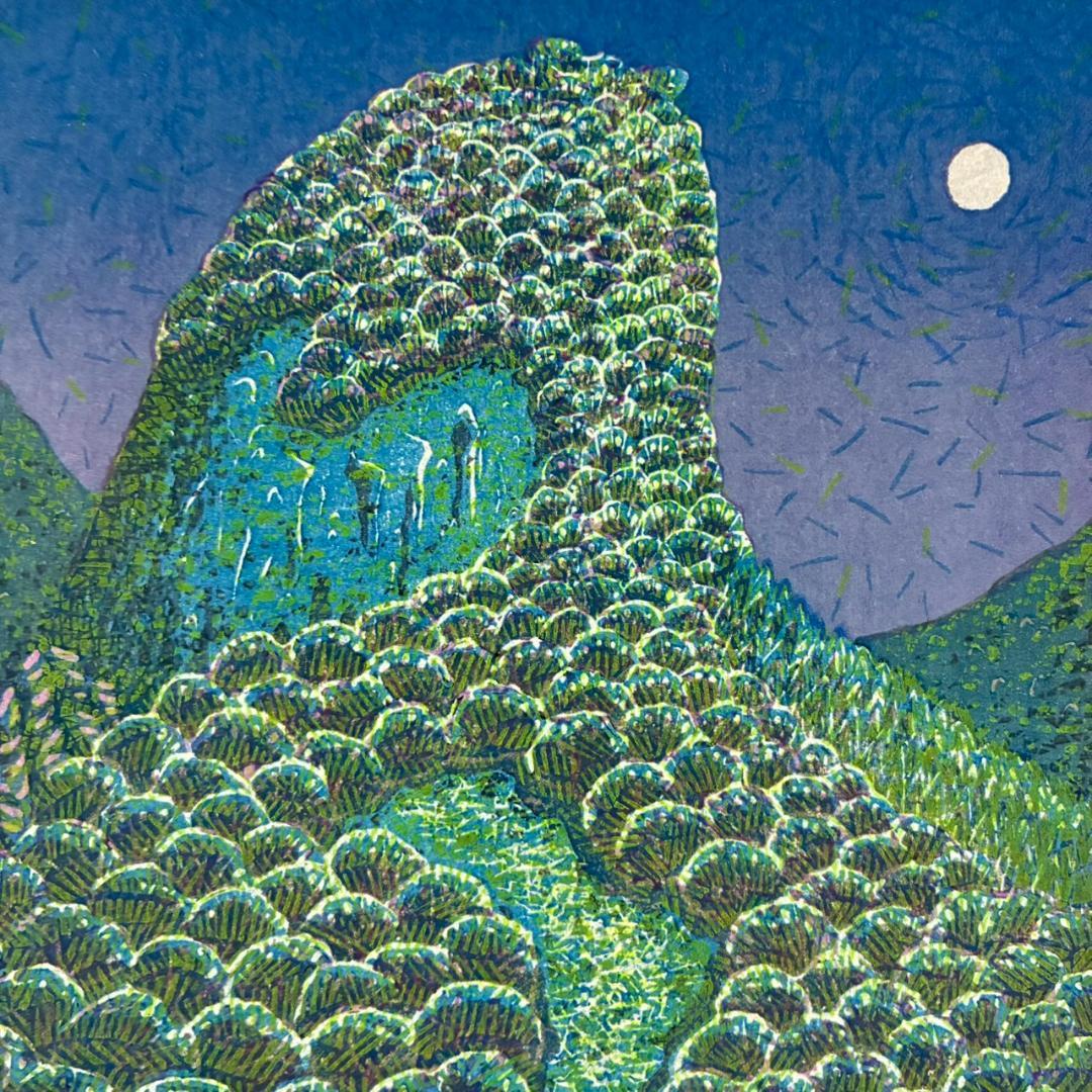 【最終値下げ】美品 牧野宗則「青い月」木版画 1987年制作 直筆サイン入り