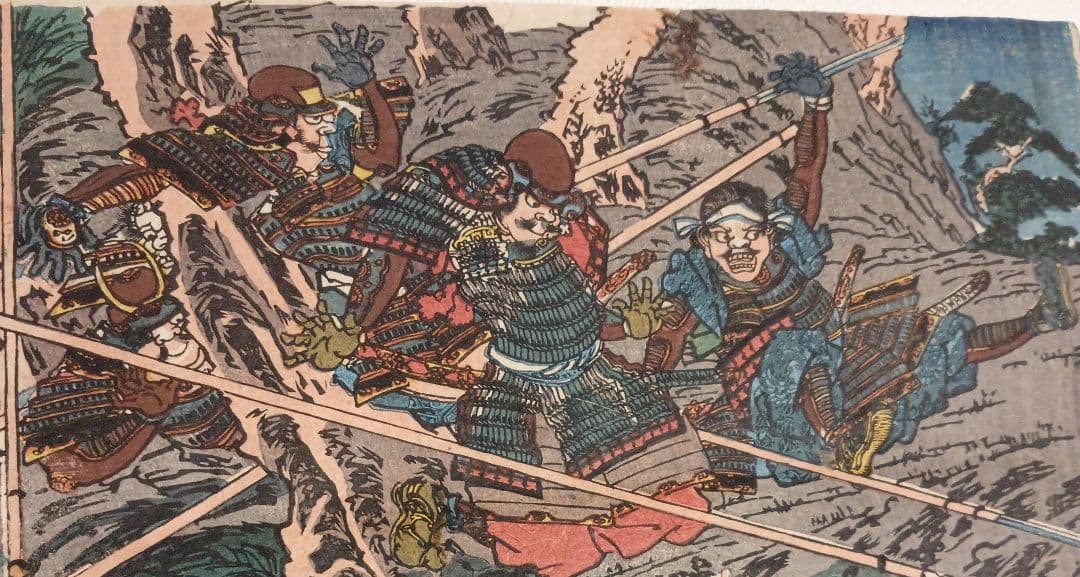 浮世絵版画、太平記合戦之図 三枚綴り歌川国芳画、弘化4年～嘉永5年出版