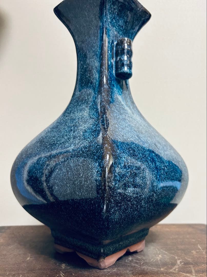 中国骨董品　宜興窯　海鼠釉 雙耳花瓶