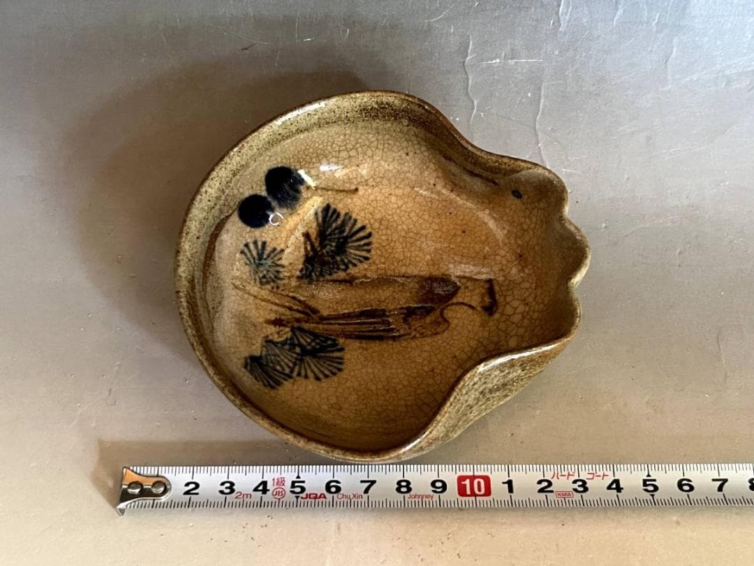 小鉢■古い鉢 鷹の図 絵瀬戸 鳥紋 瓢箪型 アテ皿 貫入皿 酒器時代物 骨董品■