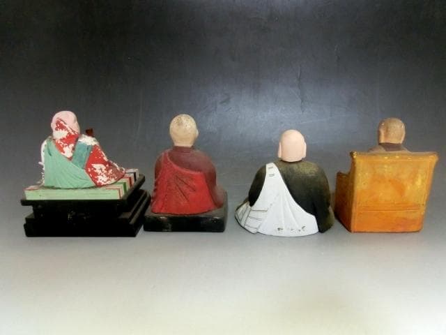 土人形■仏像 4体 空海 弘法大師 親鸞？坐像 御坊様 木彫り 土物 骨董品■