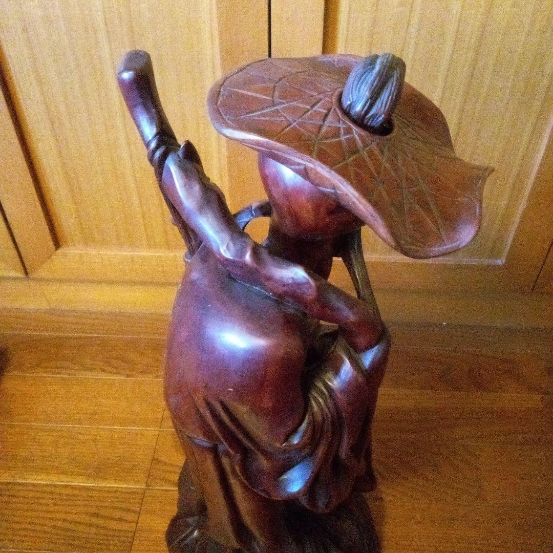 アンティーク木製老人像 大きな帽子と杖付き