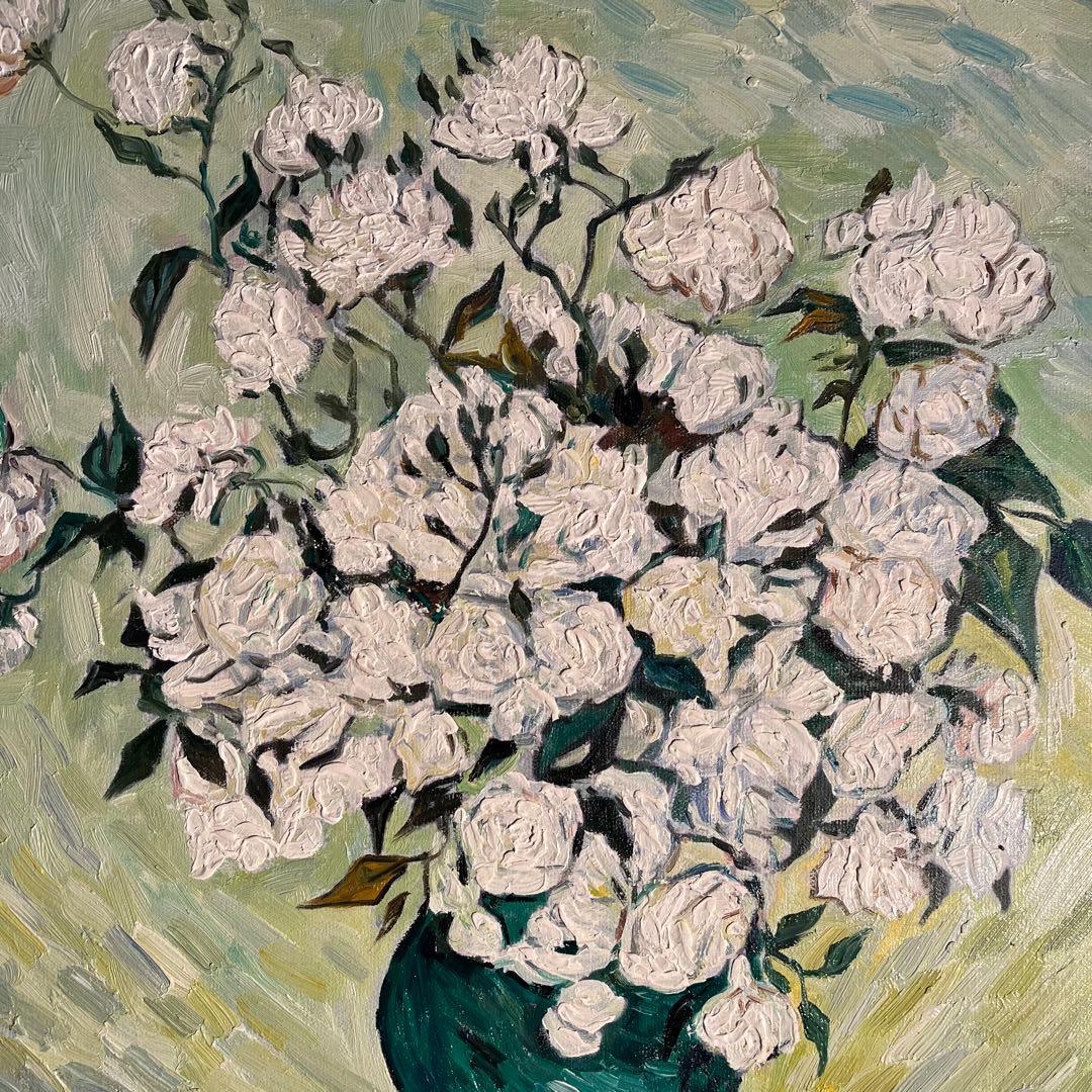 ★秀作★ 手書き油絵 ゴッホ 花瓶のバラ 額付 肉筆絵画 インテリア 油彩画