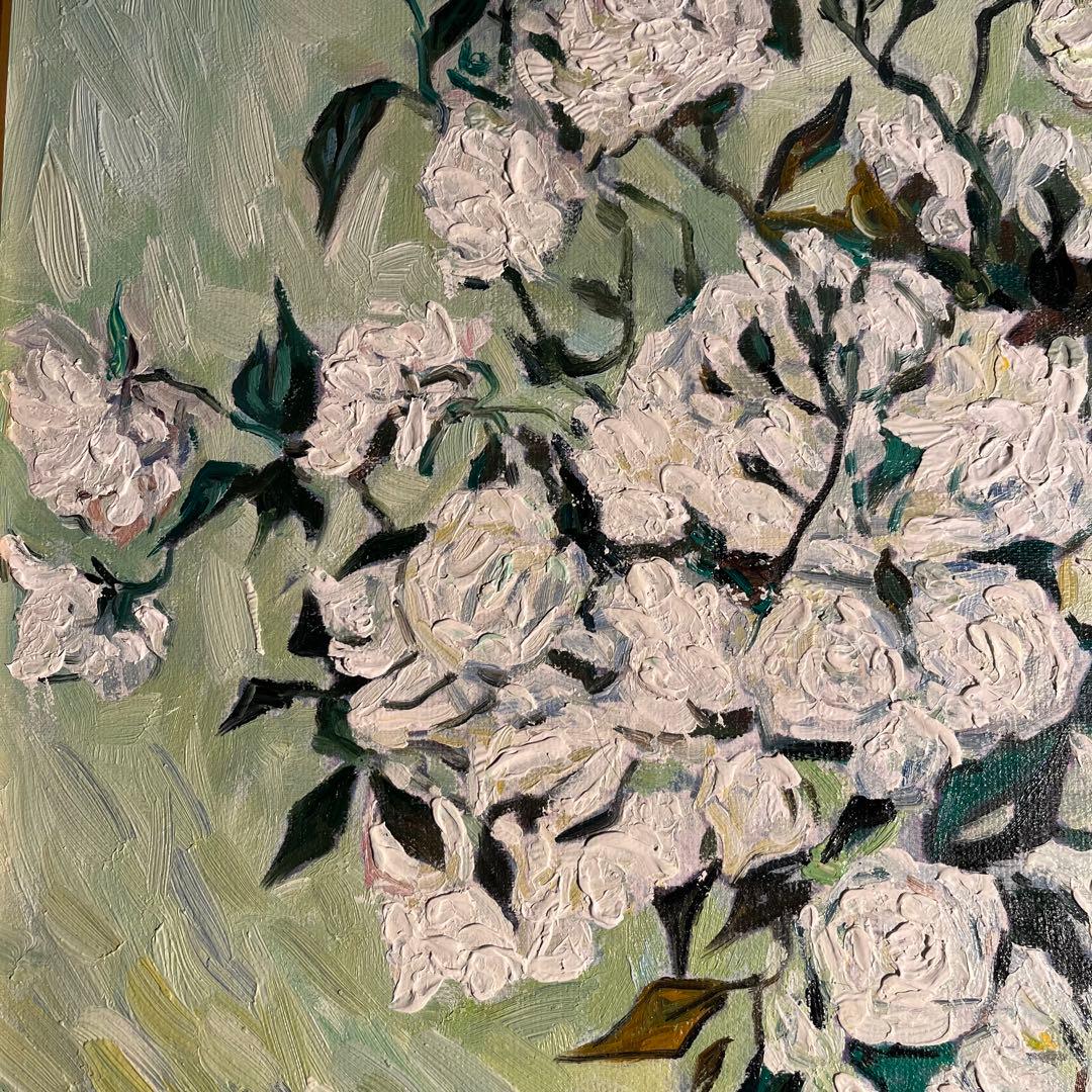 ★秀作★ 手書き油絵 ゴッホ 花瓶のバラ 額付 肉筆絵画 インテリア 油彩画