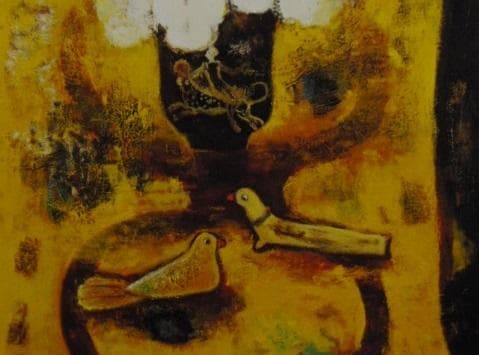 佐光亜紀子、【窓辺の花と鳥】、希少な額装用画集より、新品額装付