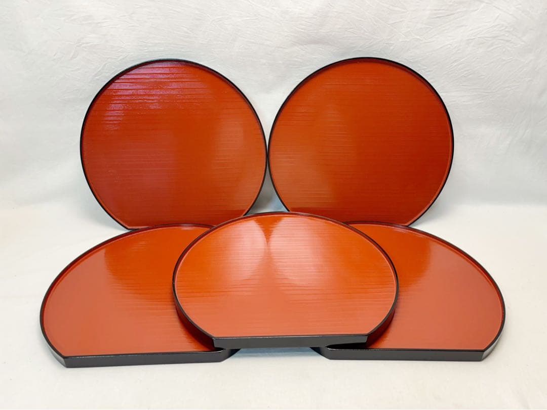 ほぼ未使用 懐石道具 木製 半月膳 5客揃 両面使い 会席膳 宴会盆 箱無