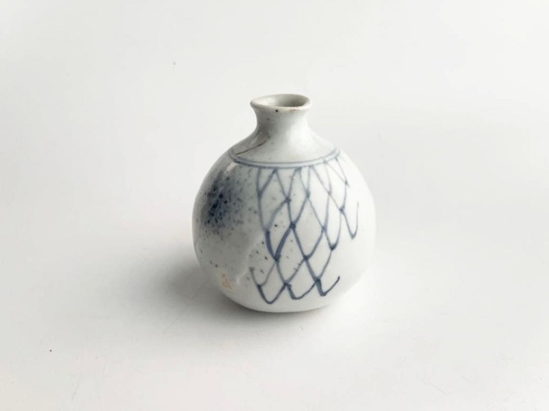 陶芸家　作家物　加藤静允　染付　網目文　徳利　酒器　一輪挿し　初期伊万里写　共箱