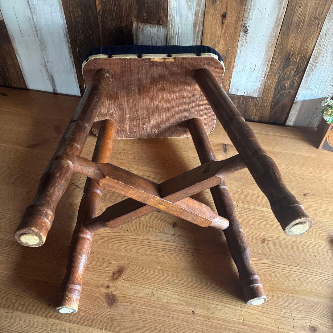 ネイビー布製クッションスツール　アンティーク　古家具　レトロ