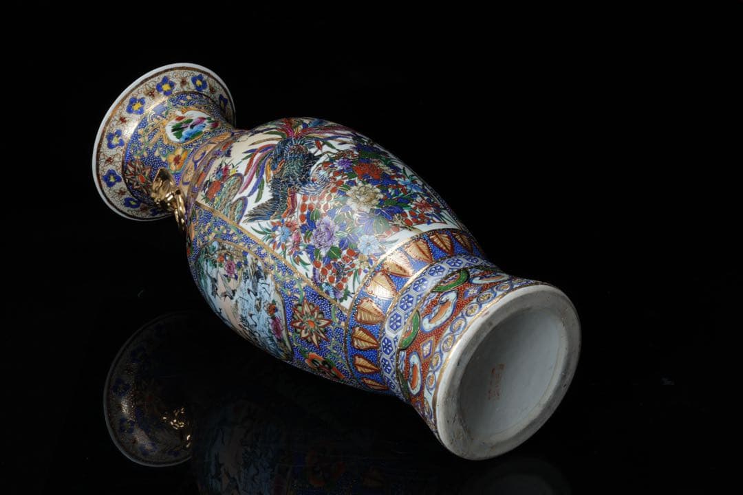 薩摩焼 金薩摩 花鳥紋 大花瓶 鶴 鳳凰 高さ61.5㎝ 壺 耳付き 古美術品