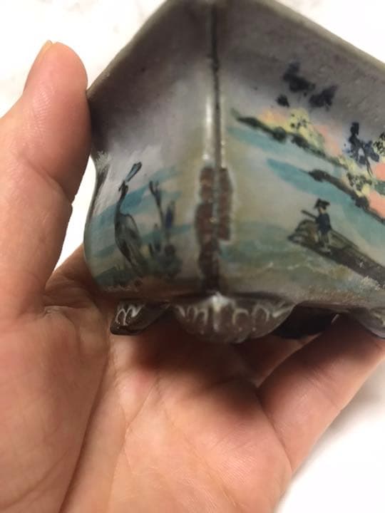 盆栽鉢　時代希少名工陶翠絵付け五彩色隅入り袋長方鉢泥鉢ミニ盆栽鉢豆鉢高級鉢木箱入