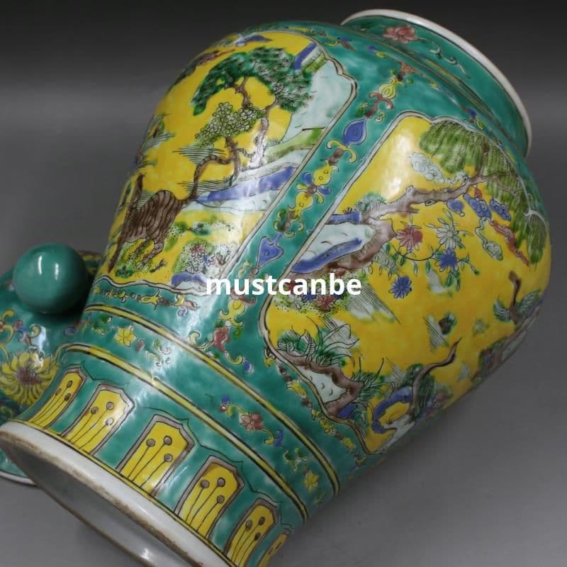 清康熙緑地粉彩人物松鶴将軍缶 景徳鎮 陶磁器 装飾品 現代工芸品 美術品 置物