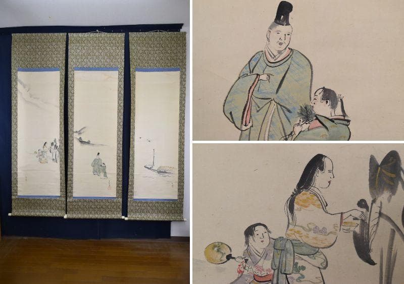 【模写】下村観山/人物図/三幅対/掛軸/名家伝来/AA-897