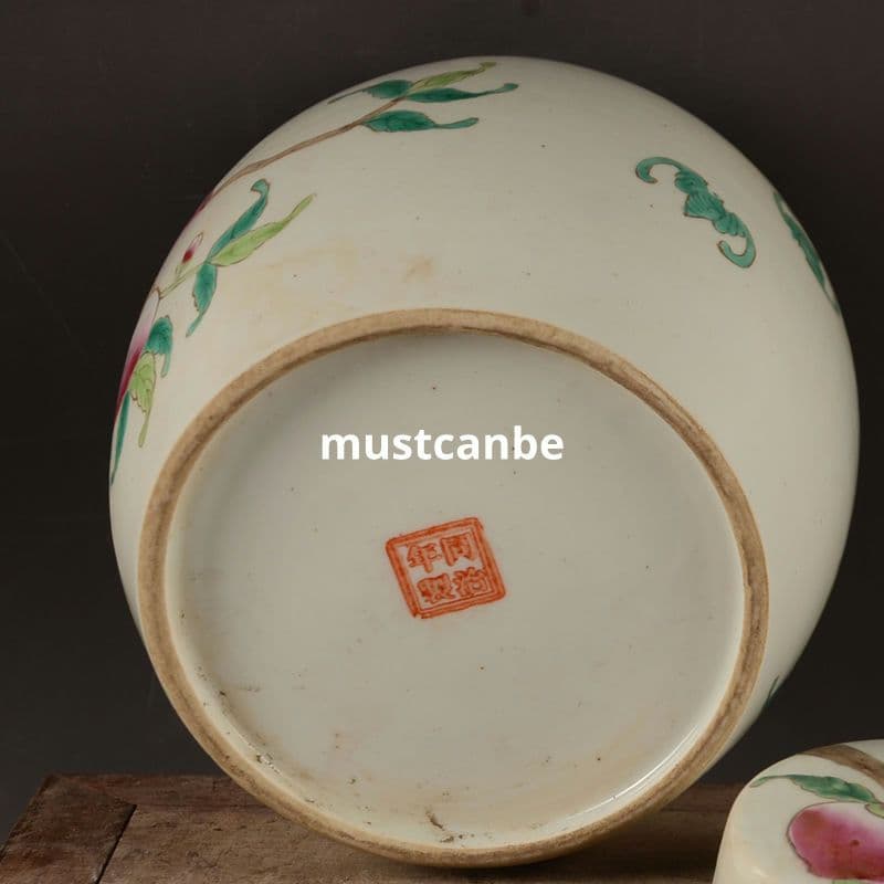 絵パステル九桃蓋缶 茶筒 景徳鎮 陶磁器 装飾品 現代工芸品 美術品 置物