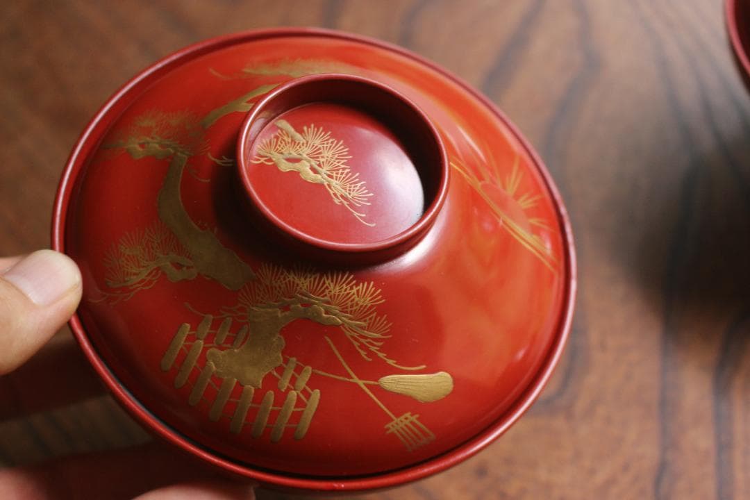 絵柄選択可！時代朱漆に優美な絵替風物蒔絵の映えるお椀7点（検輪島塗蒔絵椀