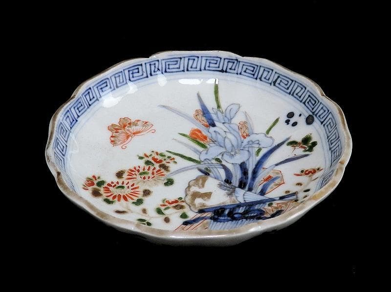 古伊万里　染錦　菖蒲に菊の図　４寸皿　４客　D870AS-BXo