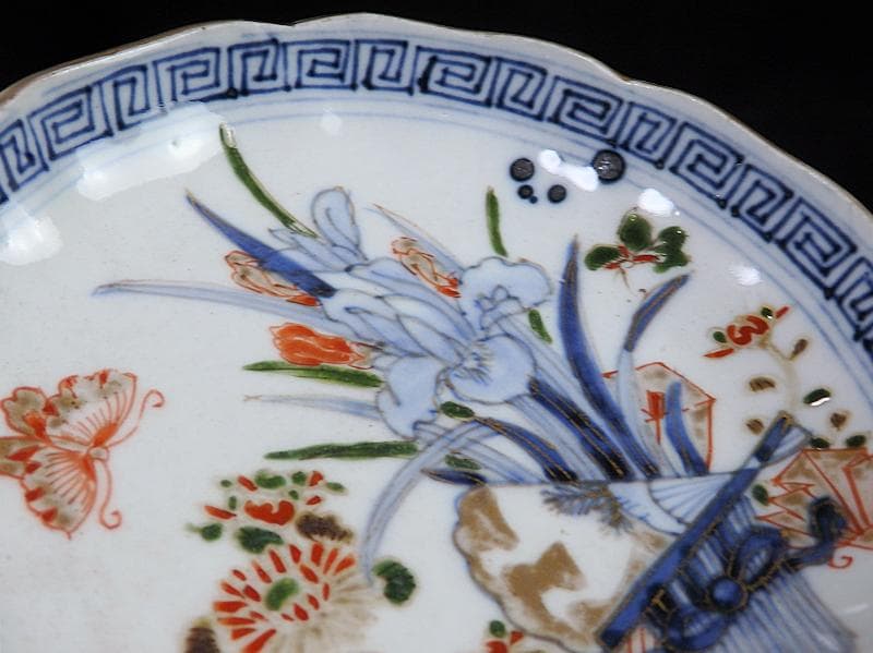 古伊万里　染錦　菖蒲に菊の図　４寸皿　４客　D870AS-BXo