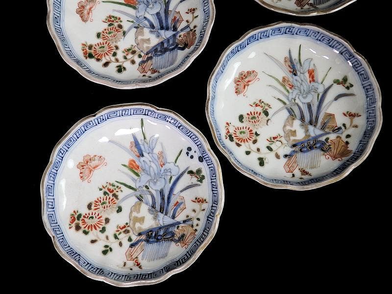 古伊万里　染錦　菖蒲に菊の図　４寸皿　４客　D870AS-BXo