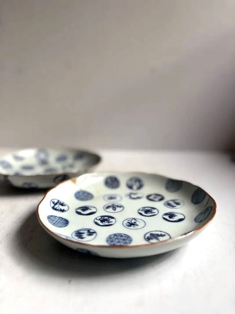 679 骨董 古伊万里 太明成化年製 丸紋染付5寸皿 2点組 幕末 金継ぎ