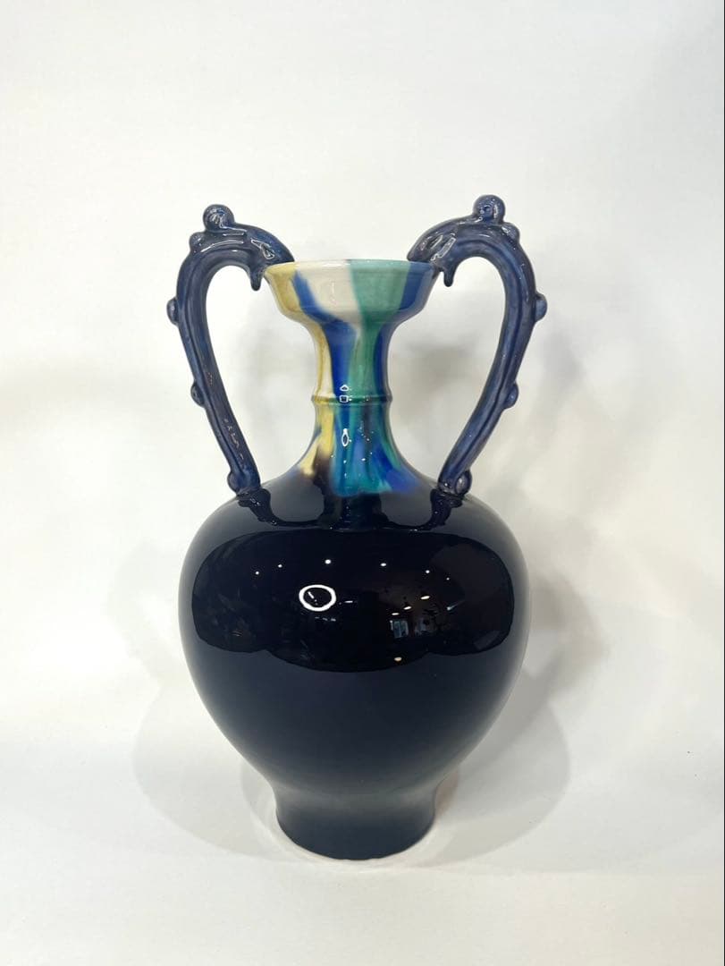 【人間国宝】三代 徳田八十吉 【正彦銘】彩釉 耳付壺 約37.5cm 龍耳