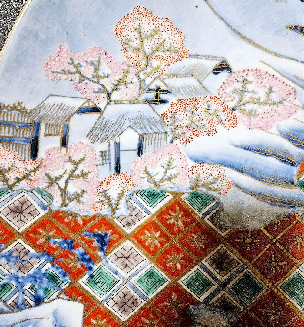 【名品❗】江戸末期～明治初期　古伊万里　金襴染錦　桜に雲錦大波市松文　最上作大皿