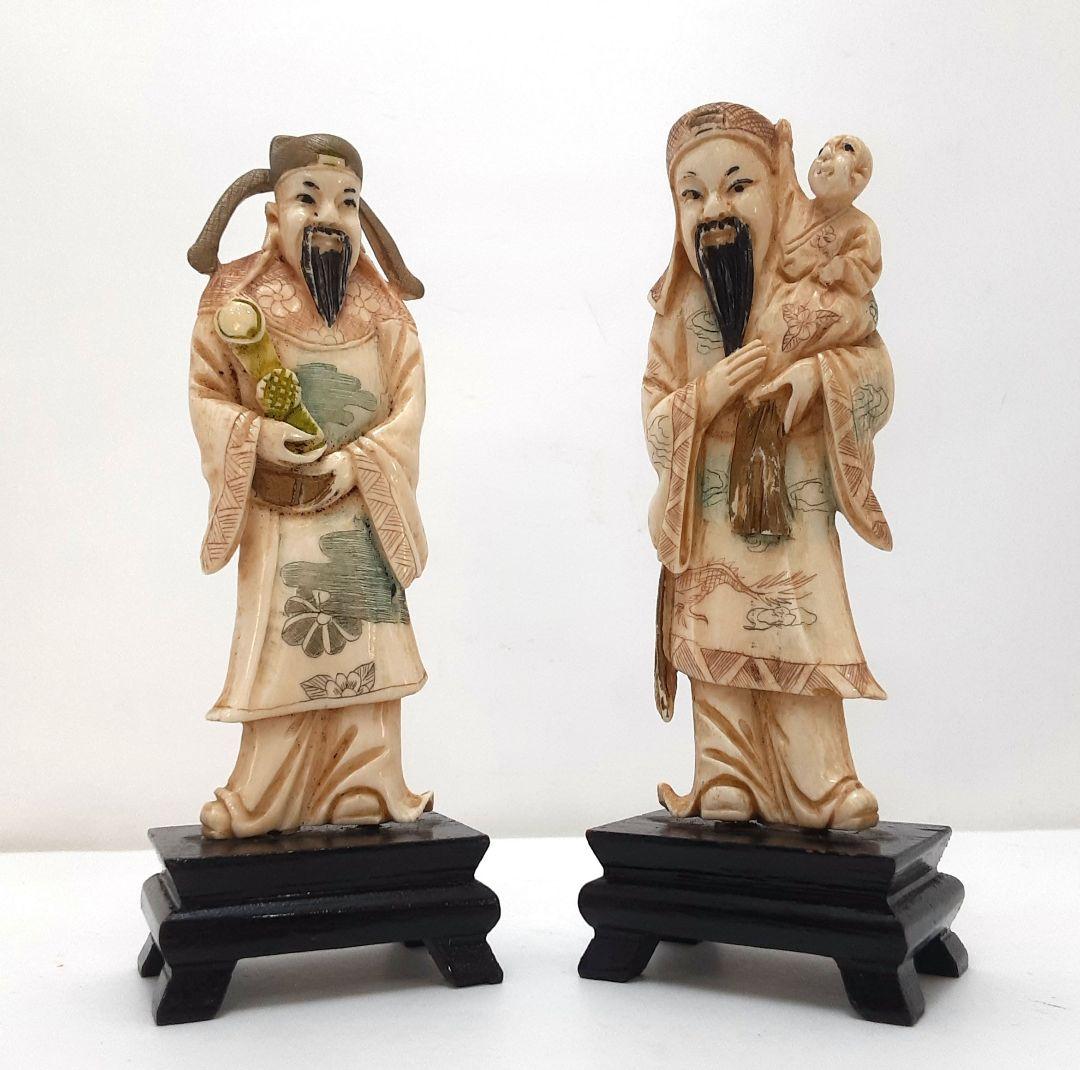 Y1701-7 細密彫刻 極上 置物 彩色 人物 2体セット 総重量113.9g