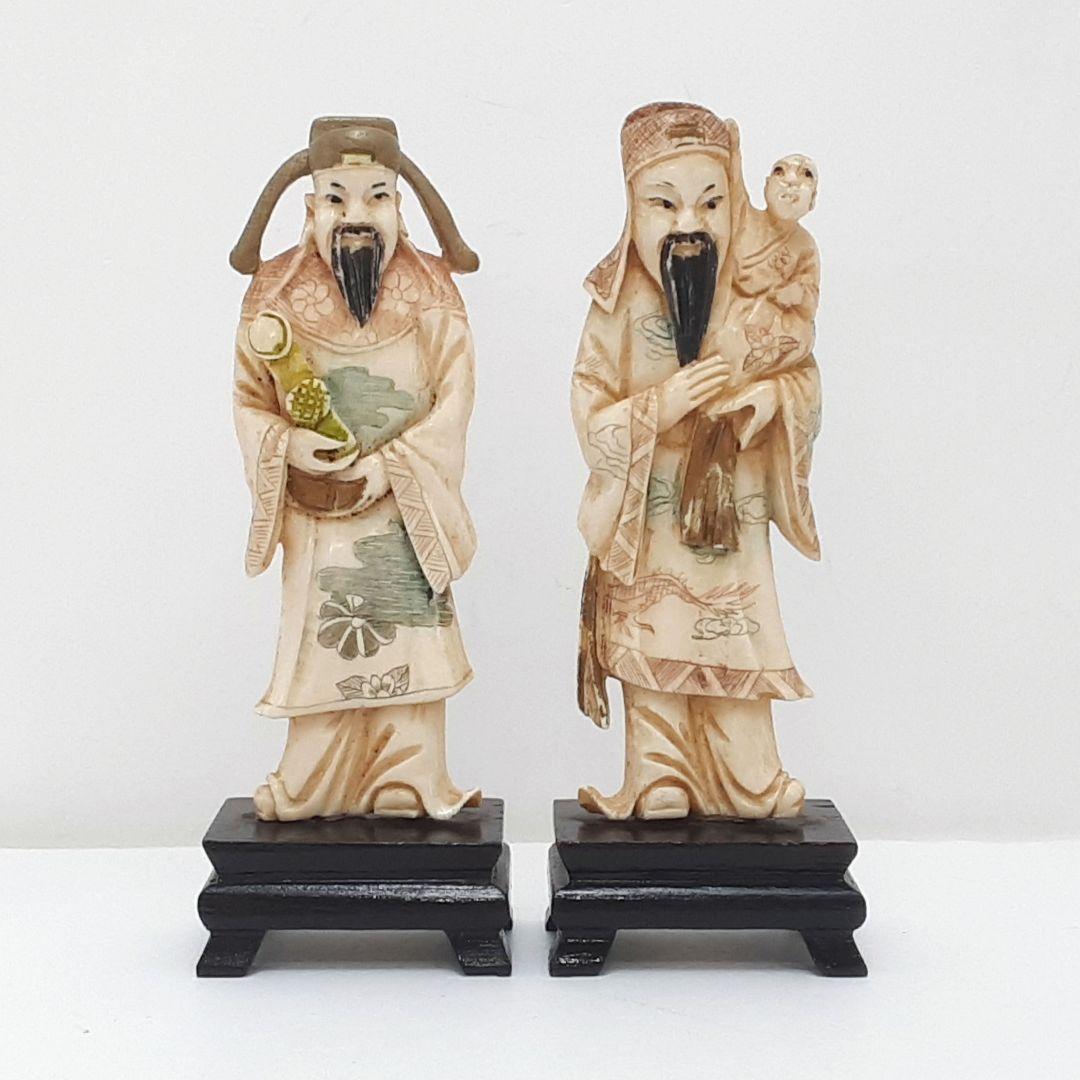 Y1701-7 細密彫刻 極上 置物 彩色 人物 2体セット 総重量113.9g