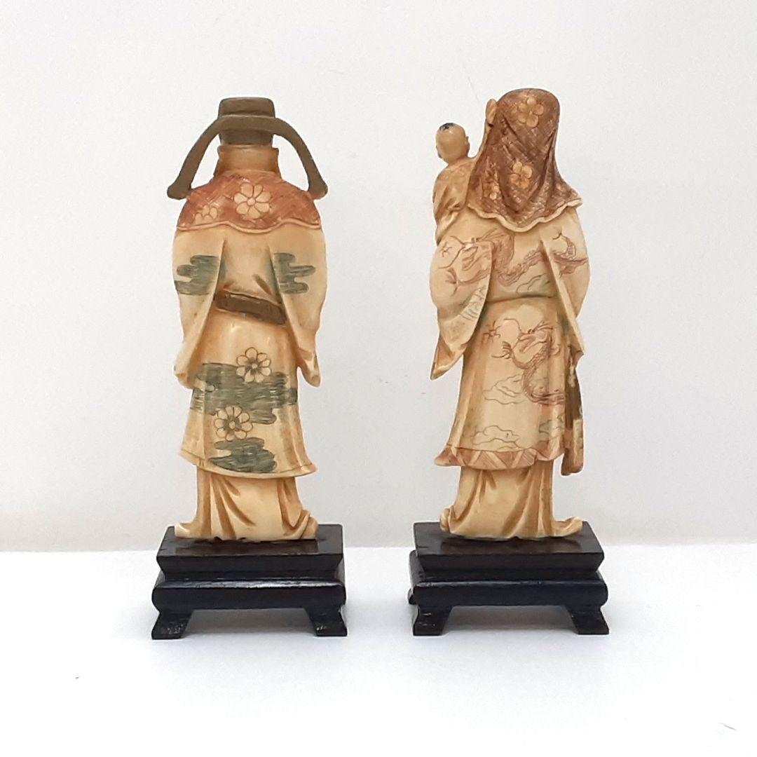 Y1701-7 細密彫刻 極上 置物 彩色 人物 2体セット 総重量113.9g