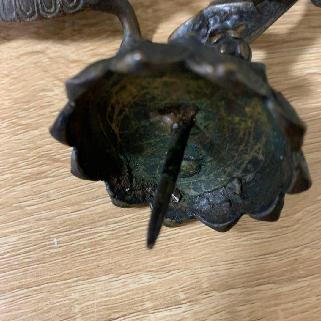 燭台　鶴亀　銅製　大明宣徳年製の刻印あり