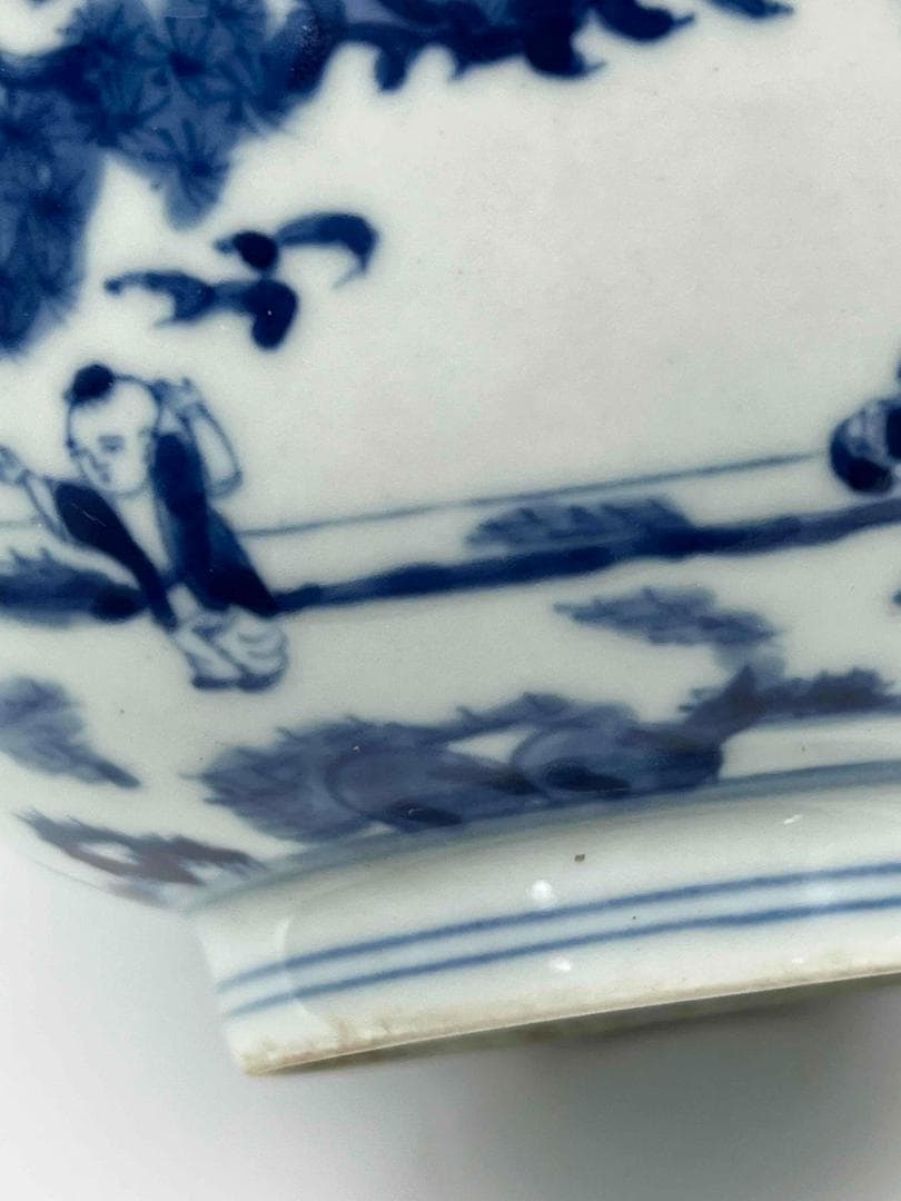 清康煕時代　染付 青花人物子供遊び図碗　青花茶碗　旧家コレクション(B-81)