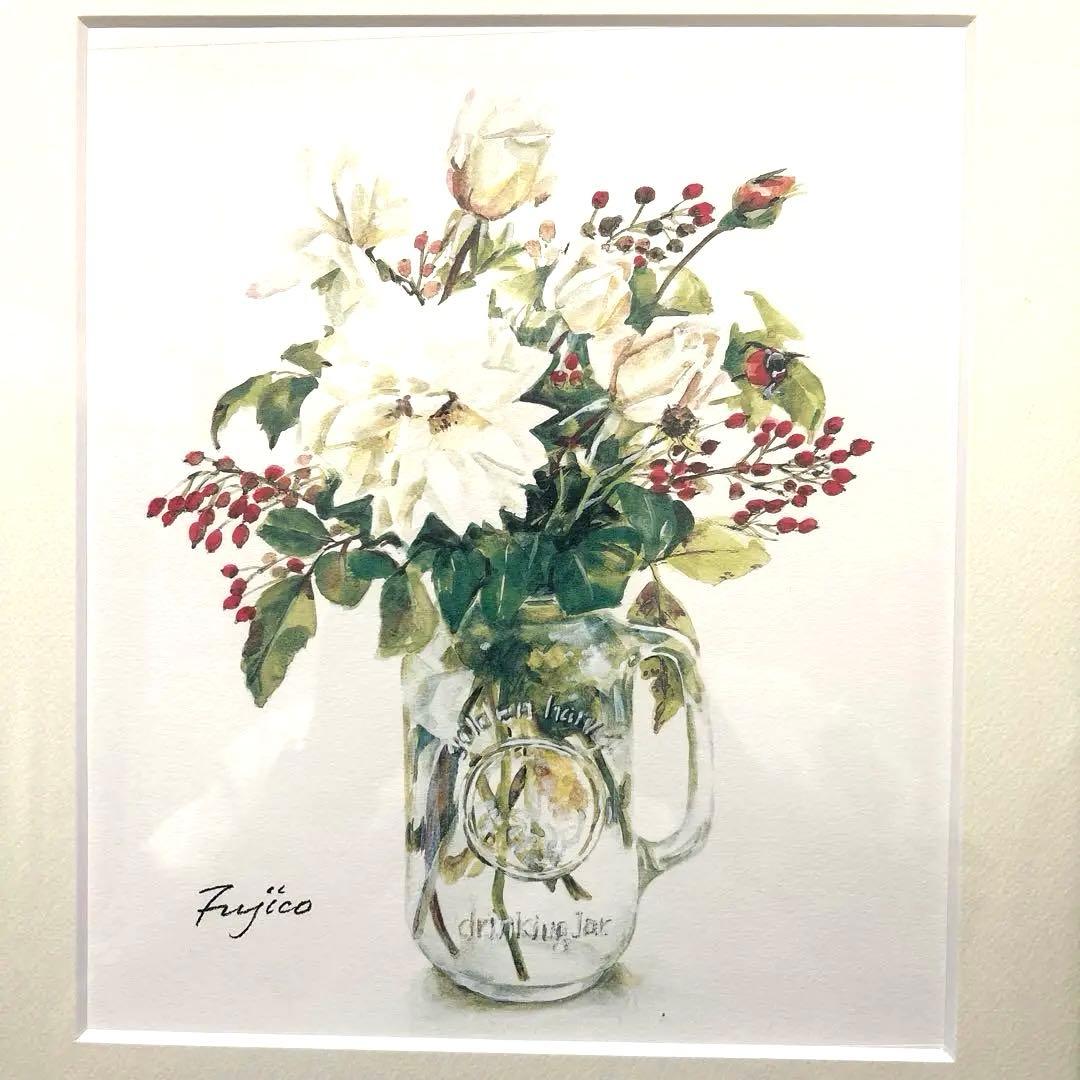 橋本不二子、水彩画、サイン入り、額縁入り