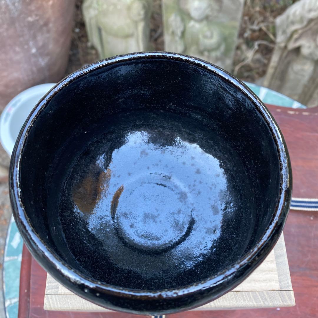 楽焼　抹茶茶碗　楽入造　黒楽曳引