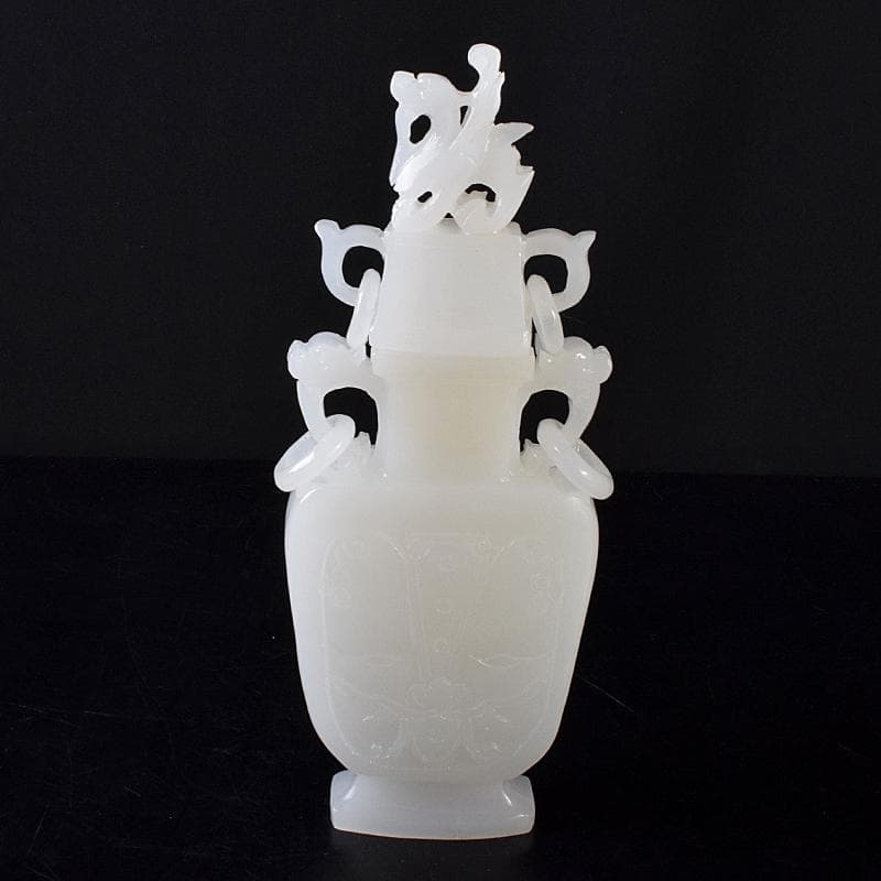 中国　玉石白玉彫刻　隻耳活環　飾壷　V　R7969