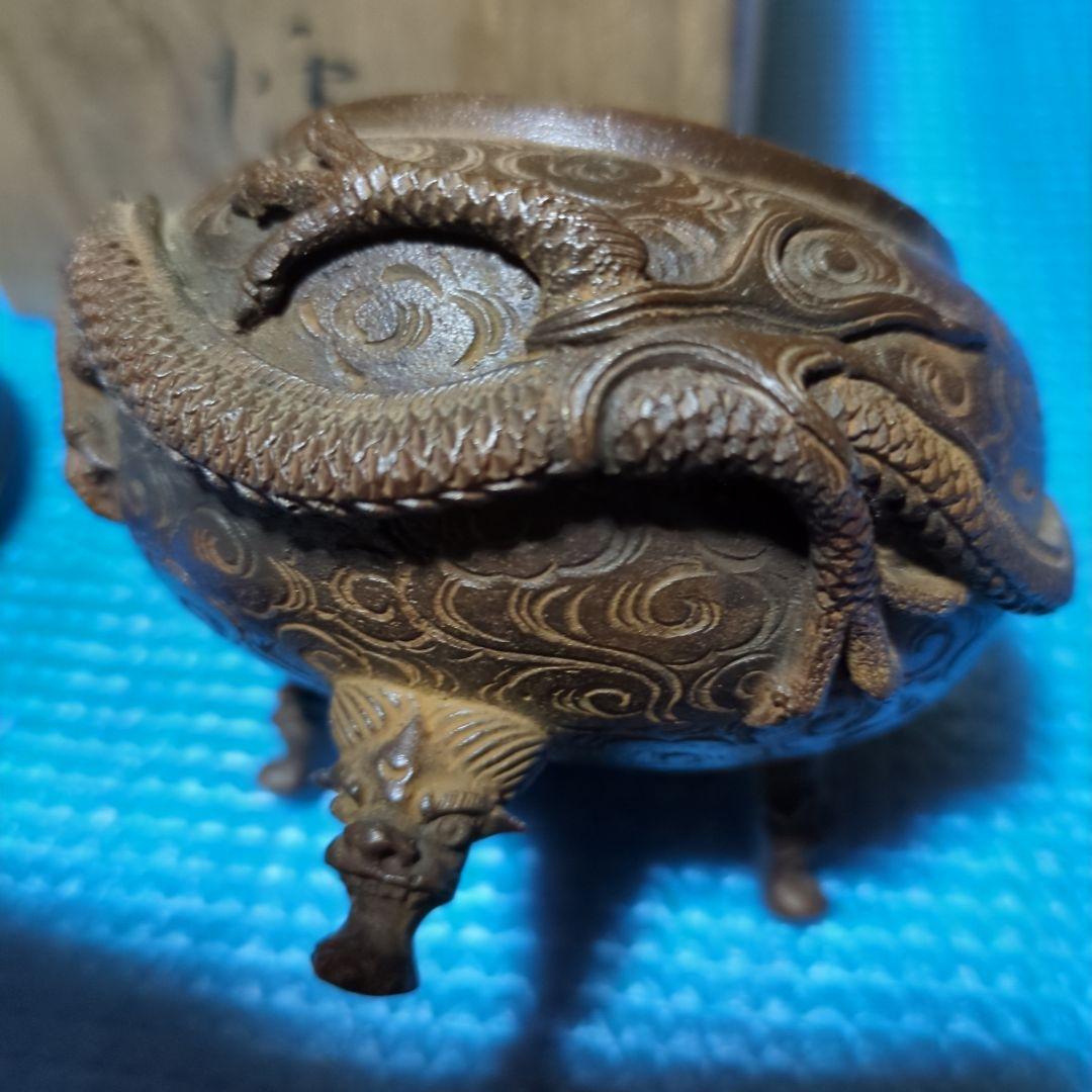 蝋型鋳銅、香炉 ドラゴン龍彫刻、共箱