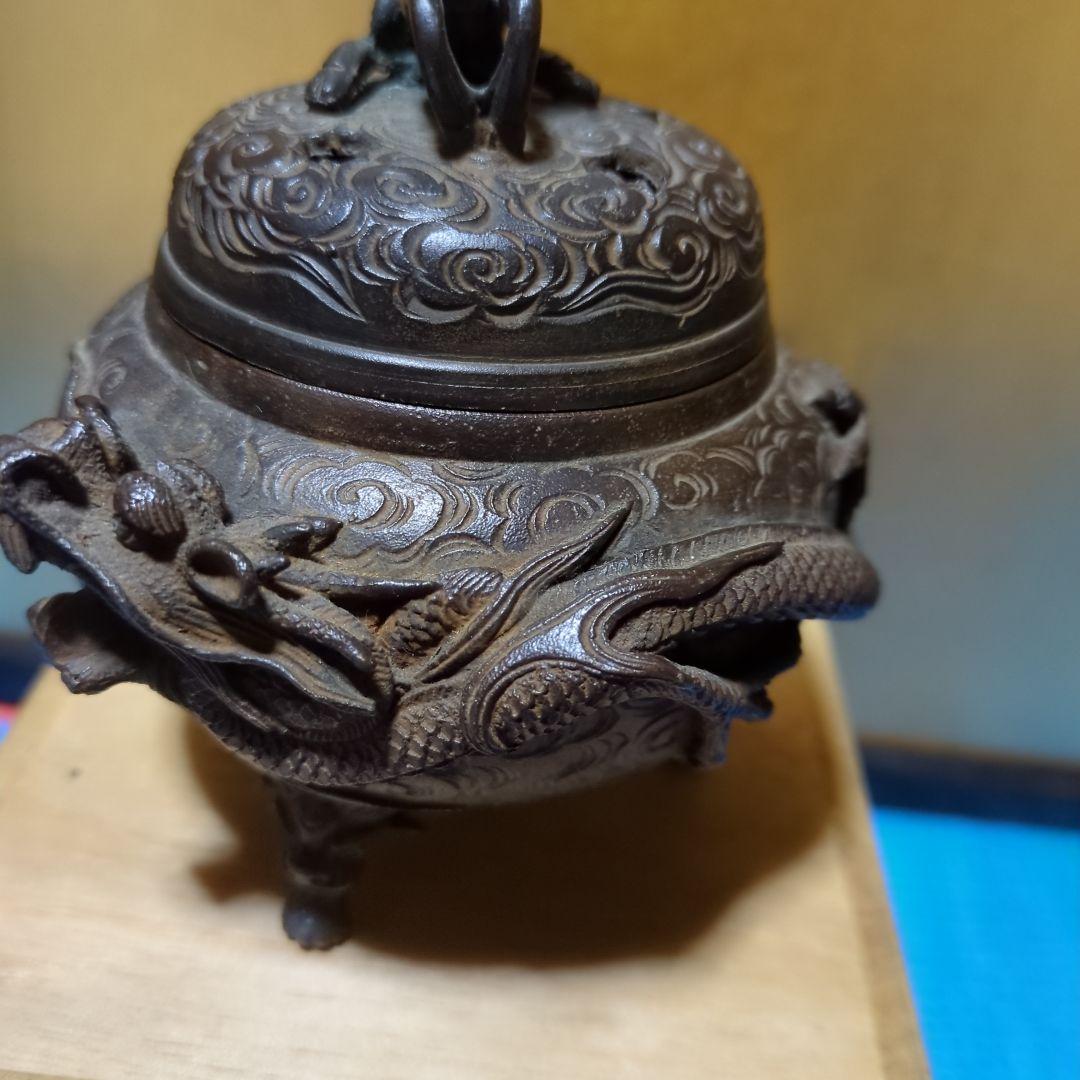 蝋型鋳銅、香炉 ドラゴン龍彫刻、共箱