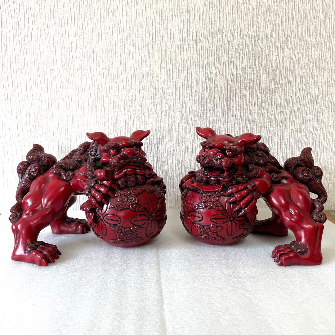 【送料無料】シーサー　寿山石　赤色 獅子像 置物 2体セット　大　魔除け
