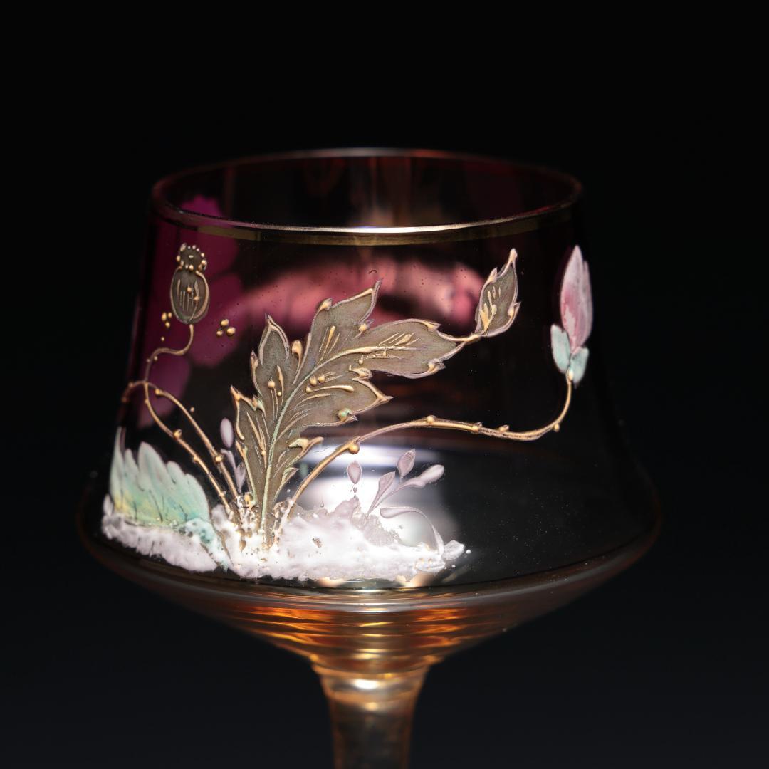 【美品】　アンティークグラス　エナメル彩　花　ポピー　色変わり　R1337ダI