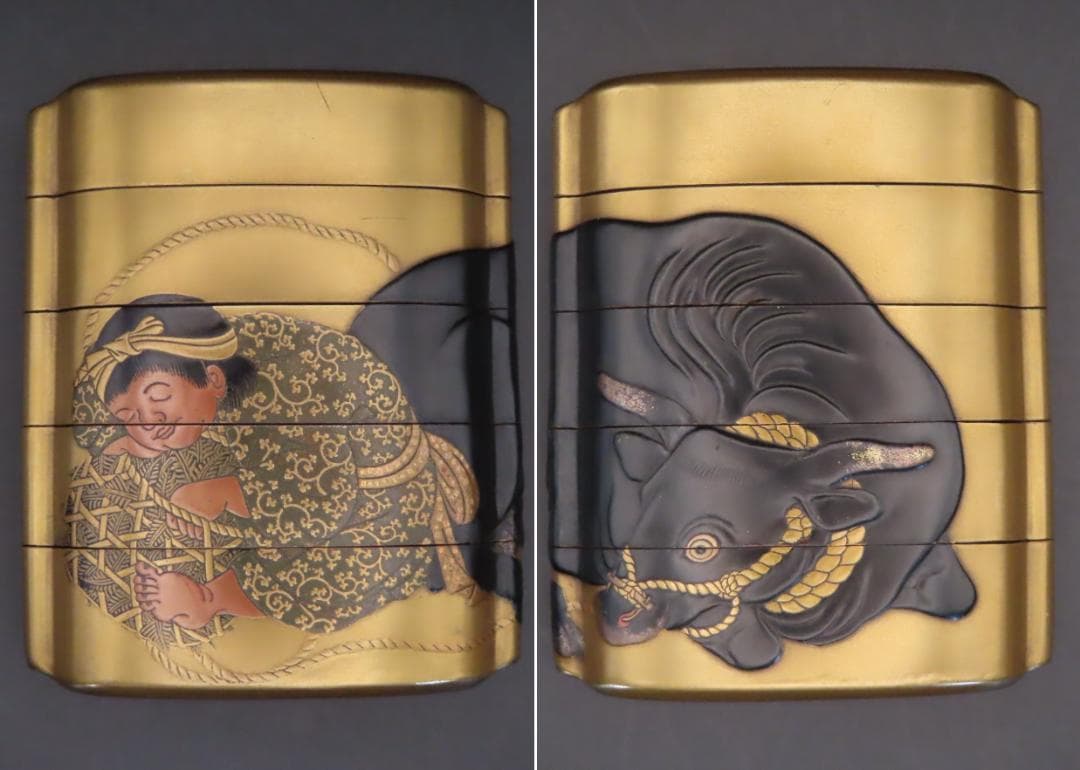 牧童と牛図蒔絵印籠（根付　唐子とひょっとこ面）