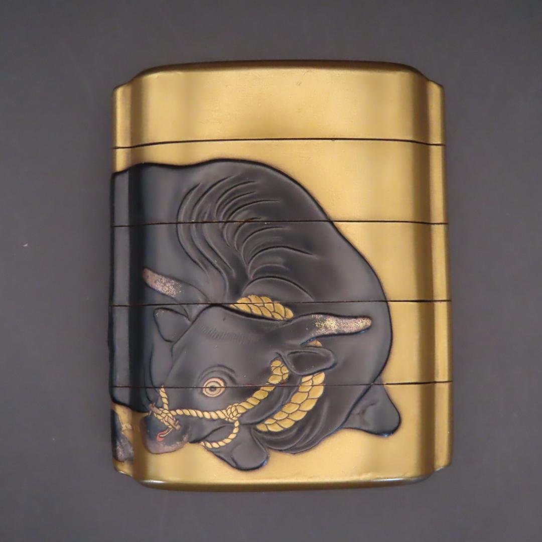 牧童と牛図蒔絵印籠（根付　唐子とひょっとこ面）