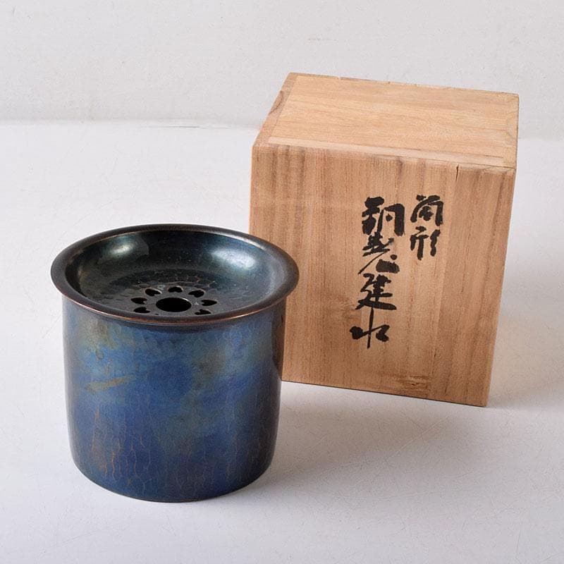 茶道具　鎚起銅器　玉川堂造　筒形蓋付建水　共箱　C　7583