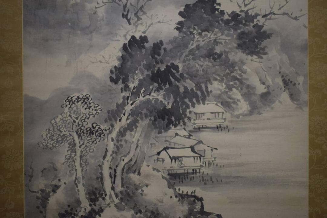 真作/谷文晁/山水集落図/山水図/布袋屋掛軸HJ-34