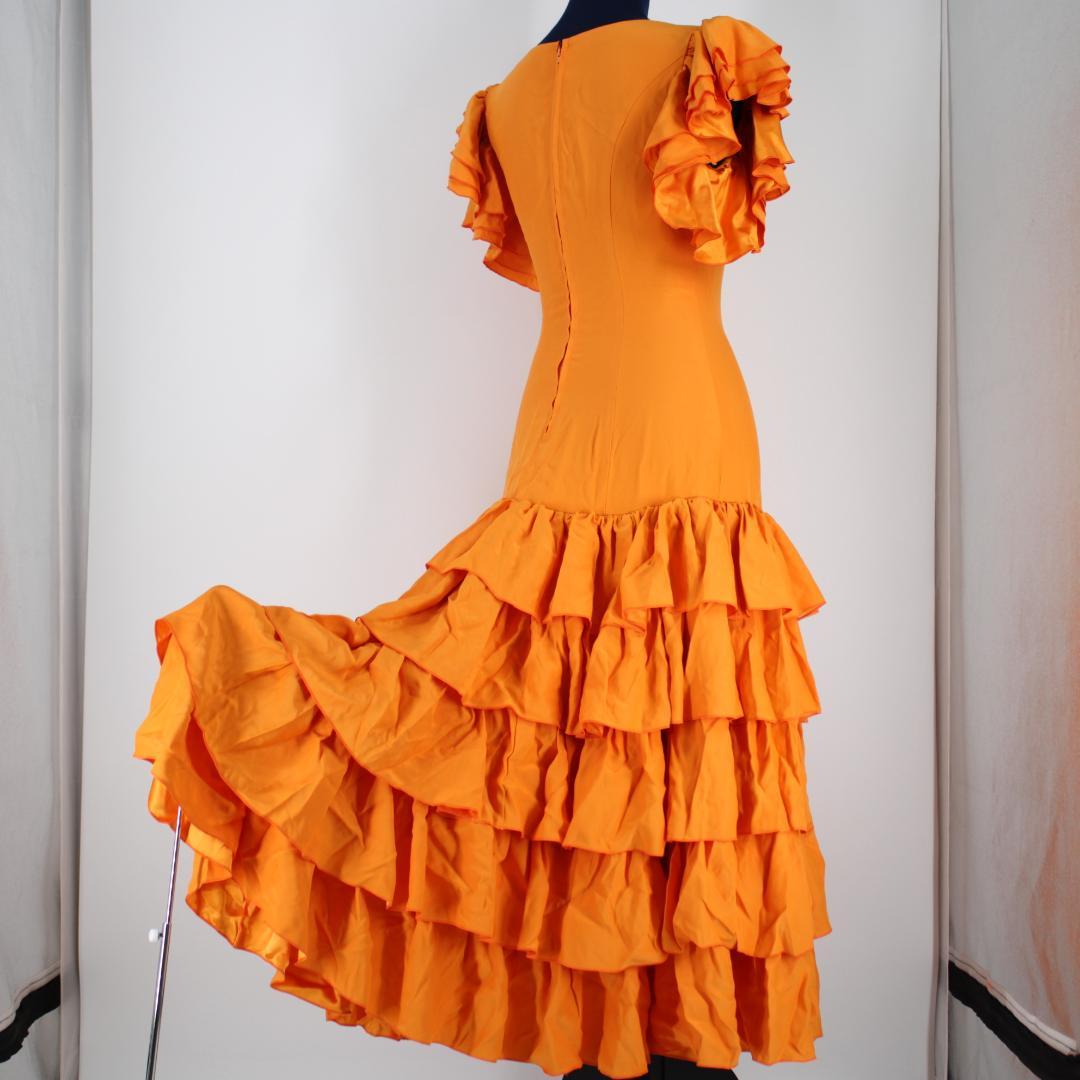 【美品 フラメンコ衣装】オレンジ ワンピース ドレス ボランテ フリル 段々