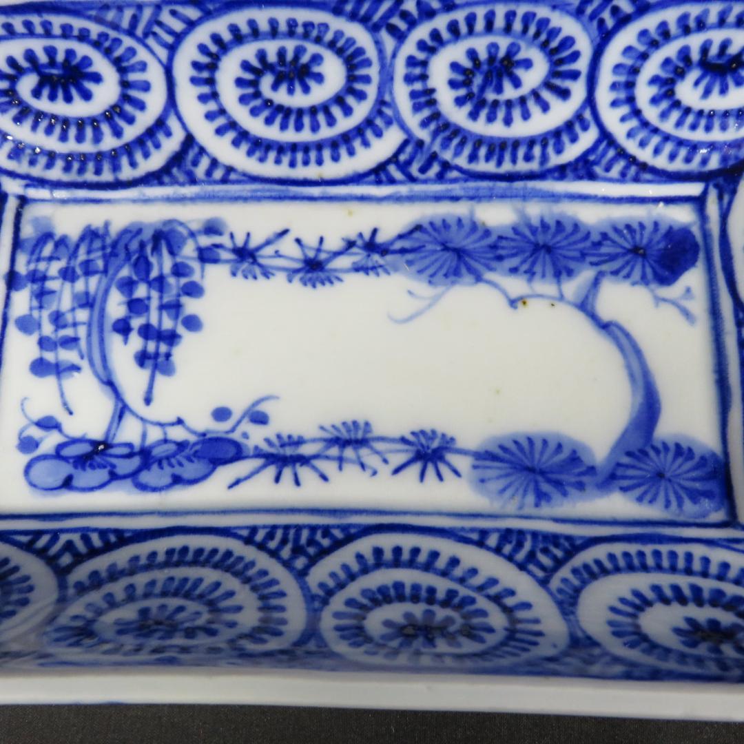 角皿 5枚 染付 古伊万里 江戸 明治 唐草 松竹梅 窯傷 歪み